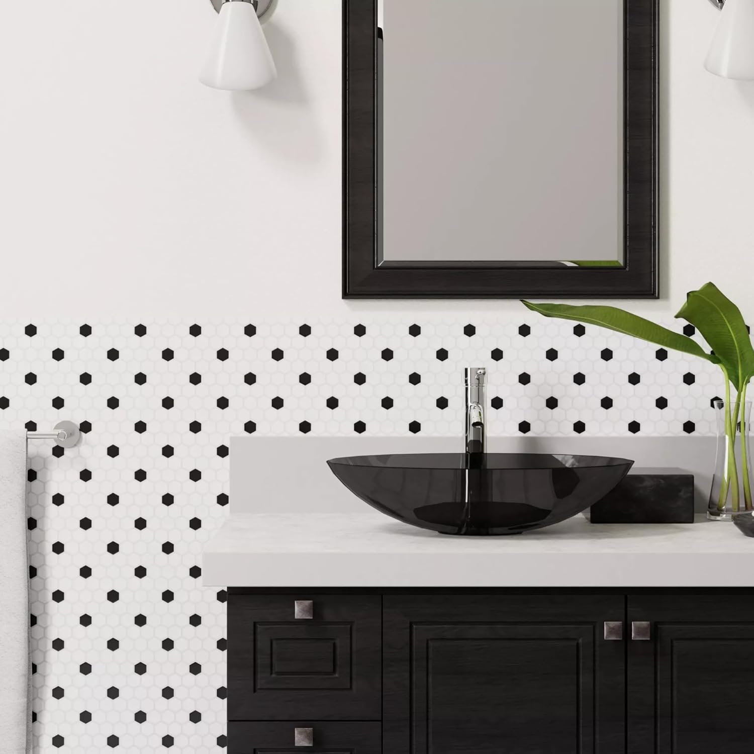 Tenedos White and Black Hexagon Polished Porcelain Mosaic Tile – Classic Glossy Geometric Wall and Floor Tile for Bathroom, Kitchen, and Backsplash (5 Sheets)