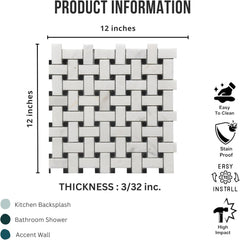 Tenedos HTCRC 12 x 12 Inch Bianco Carrara Basket Weave Black Dot Marble Interlocking Mosaic Tile | Kitchen Backsplash Bathroom Shower Accent Wall (1 Sheet)