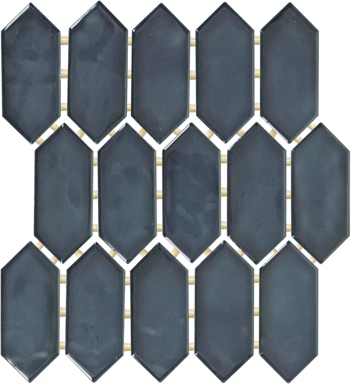 Tenedos HTCFD Blue Elongated Hexagon Glossy Ceramic Mosaic Tile, High-Gloss Pressed Edge Mesh-Mounted Wall Tile for Backsplash, Shower Walls and Fireplace Surrounds