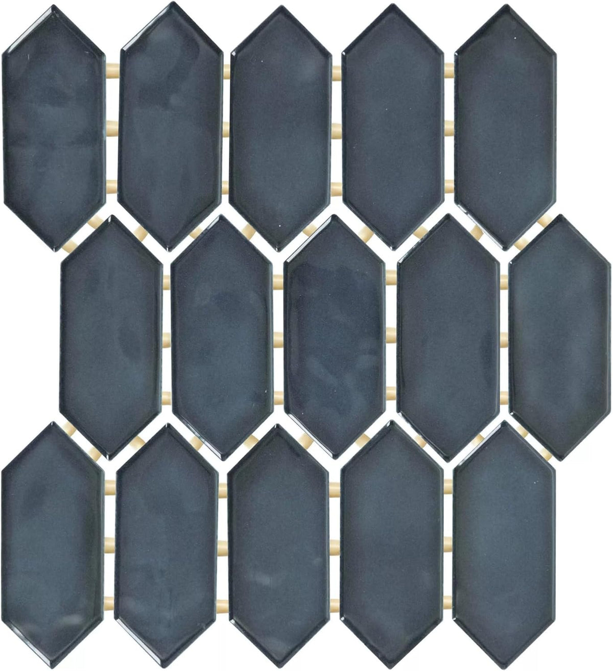 Tenedos HTCFD Blue Elongated Hexagon Glossy Ceramic Mosaic Tile, High-Gloss Pressed Edge Mesh-Mounted Wall Tile for Backsplash, Shower Walls and Fireplace Surrounds