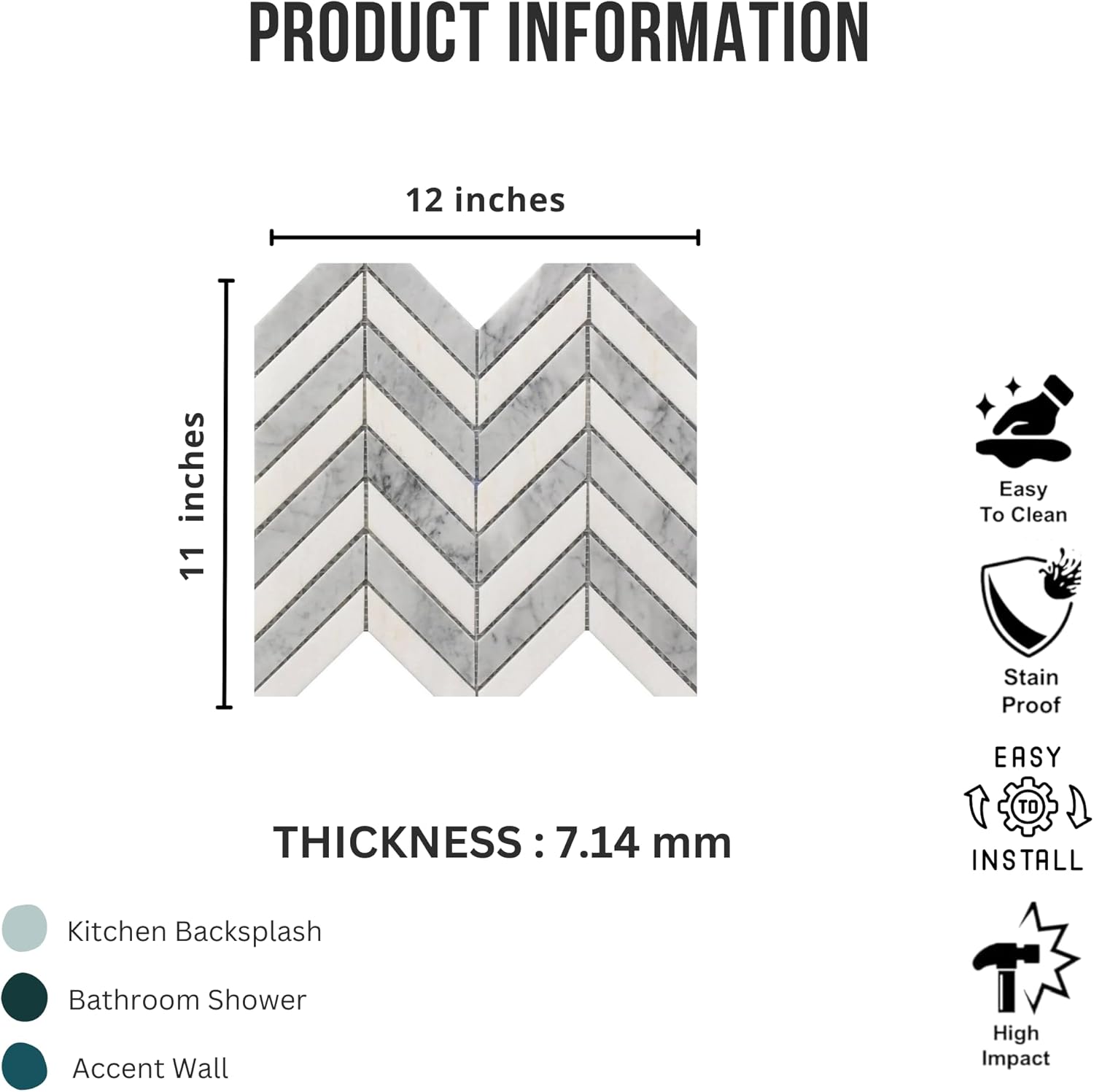 Tenedos HTCRC White and Grey Marble Chevron Mosaic Tile – 11x12 Inch Mesh-Mounted Sheet – Natural Marble Geometric Mosaic for Kitchen Backsplash Bathroom Wall Accent