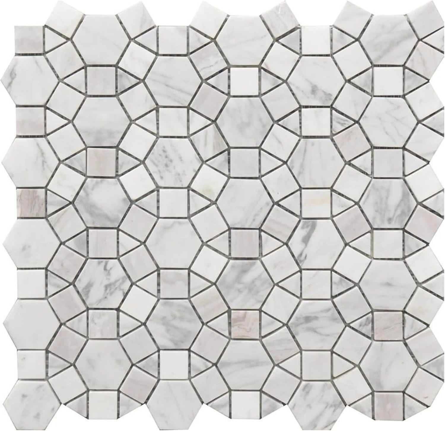 Tenedos HTCRC Carrara Kaleidoscope Marble Mosaic Tile 12x12 – Polished Natural Stone Mesh-Mounted Wall Mosaic