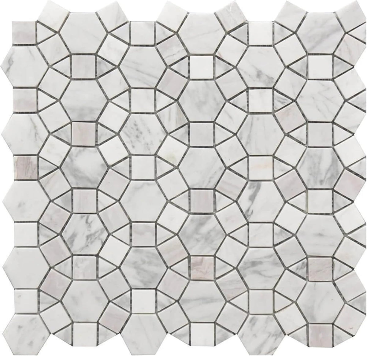 Tenedos HTCRC Carrara Kaleidoscope Marble Mosaic Tile 12x12 – Polished Natural Stone Mesh-Mounted Wall Mosaic