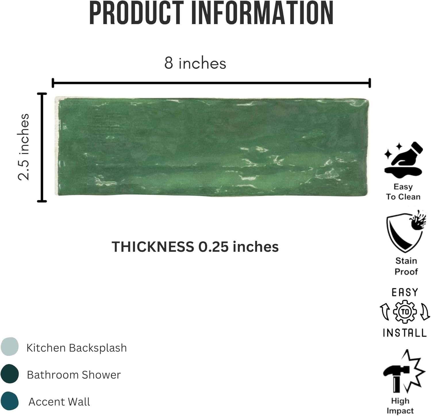 Tenedos HTCFD 2.5x8 Glossy Handmade Look Ceramic Wall Tile – Spanish Zellige Style Subway Tile for Kitchen Backsplash, Bathroom, and Fireplace (1 Box, 38 Pieces, 5.32 Sqft Coverage)