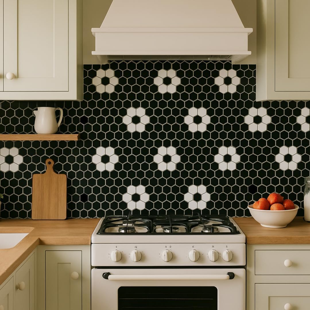 Tenedos Hexagon Glossy Black and White Flower Porcelain Mosaic Tile – Kitchen Backsplash, Bathroom Wall & Shower Floor Tile