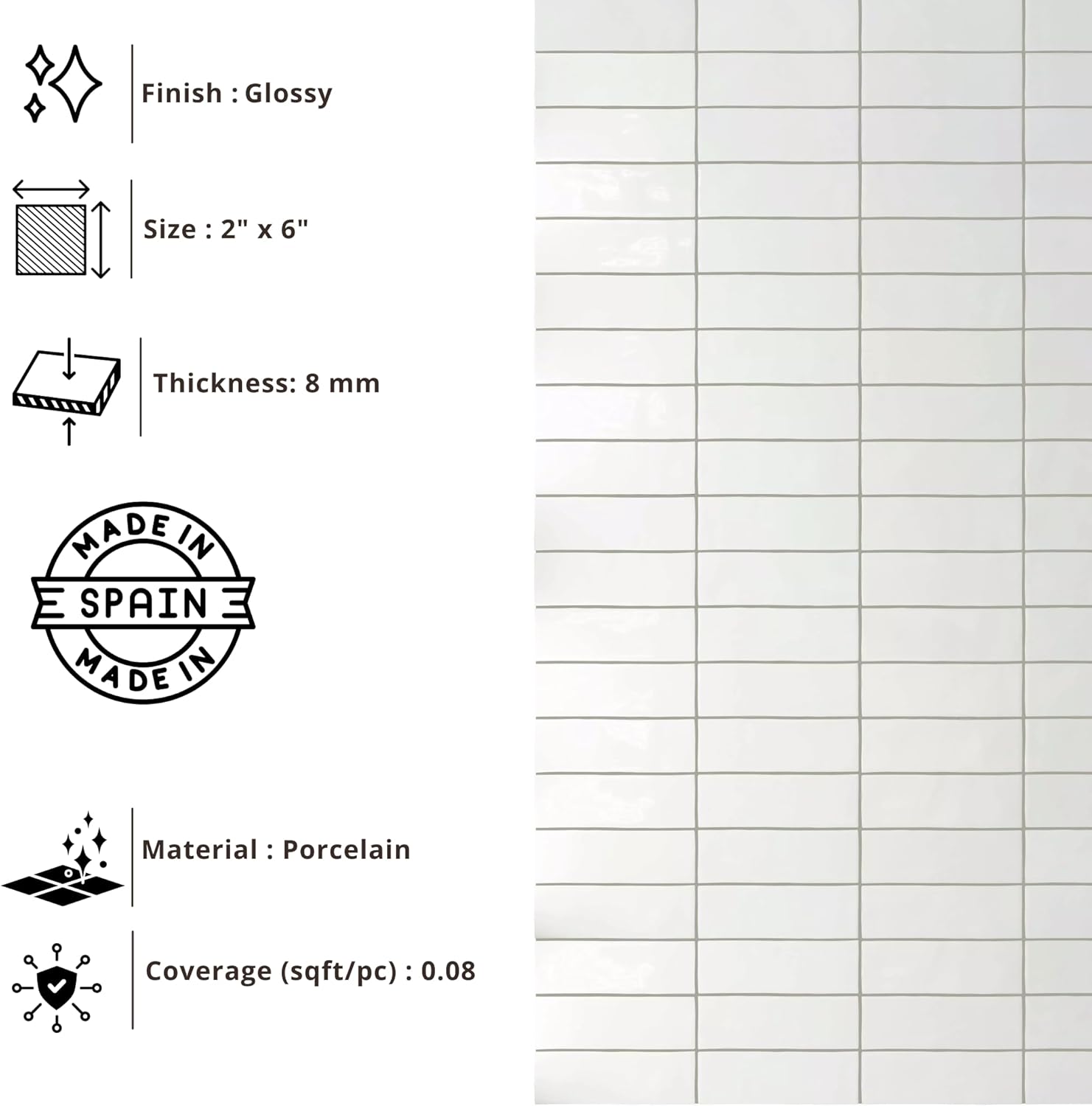 Tenedos HTCFD 2x6 Glossy White Porcelain Wall Tile, High Gloss Finish, Pressed Edge, Bathroom Floor & Shower Wall Suitable, Indoor Outdoor Use – Box of 66 Pieces