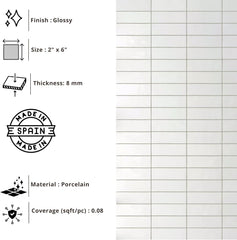 Tenedos HTCFD 2x6 Glossy White Porcelain Wall Tile, High Gloss Finish, Pressed Edge, Bathroom Floor & Shower Wall Suitable, Indoor Outdoor Use – Box of 66 Pieces