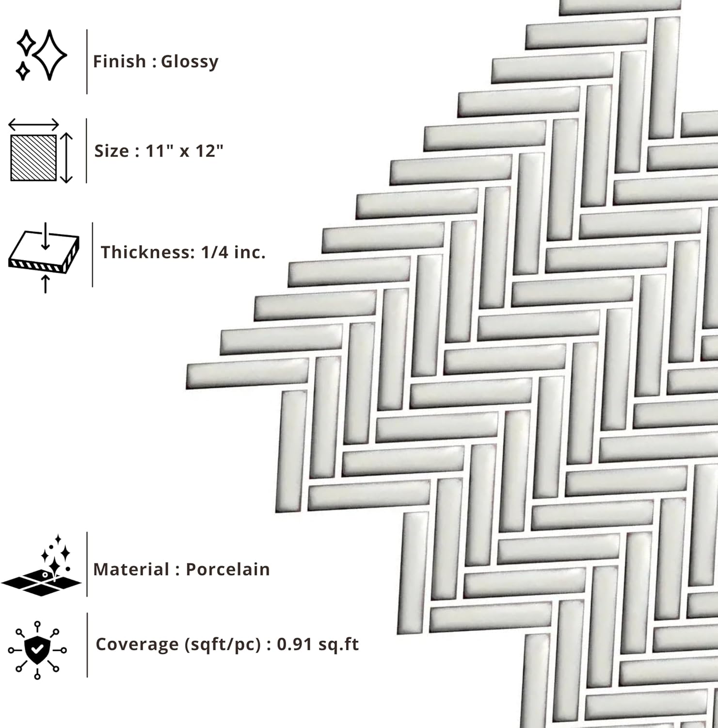 Tenedos HTCRC Antique White Porcelain Herringbone Mosaic Tile Glossy Finish for Bathroom, Kitchen Backsplash, Shower Walls, Laundry Room & Indoor Use