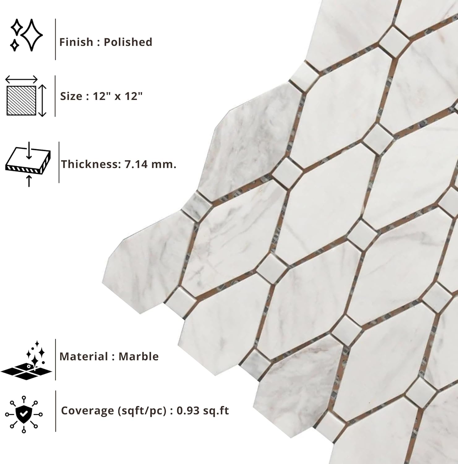 Tenedos HTCRC Bianco Carrara Large Rhombus Marble Mosaic Tile | 12 x 12 Inch Mesh-Mounted | Kitchen Backsplash Bathroom Shower Accent Wall