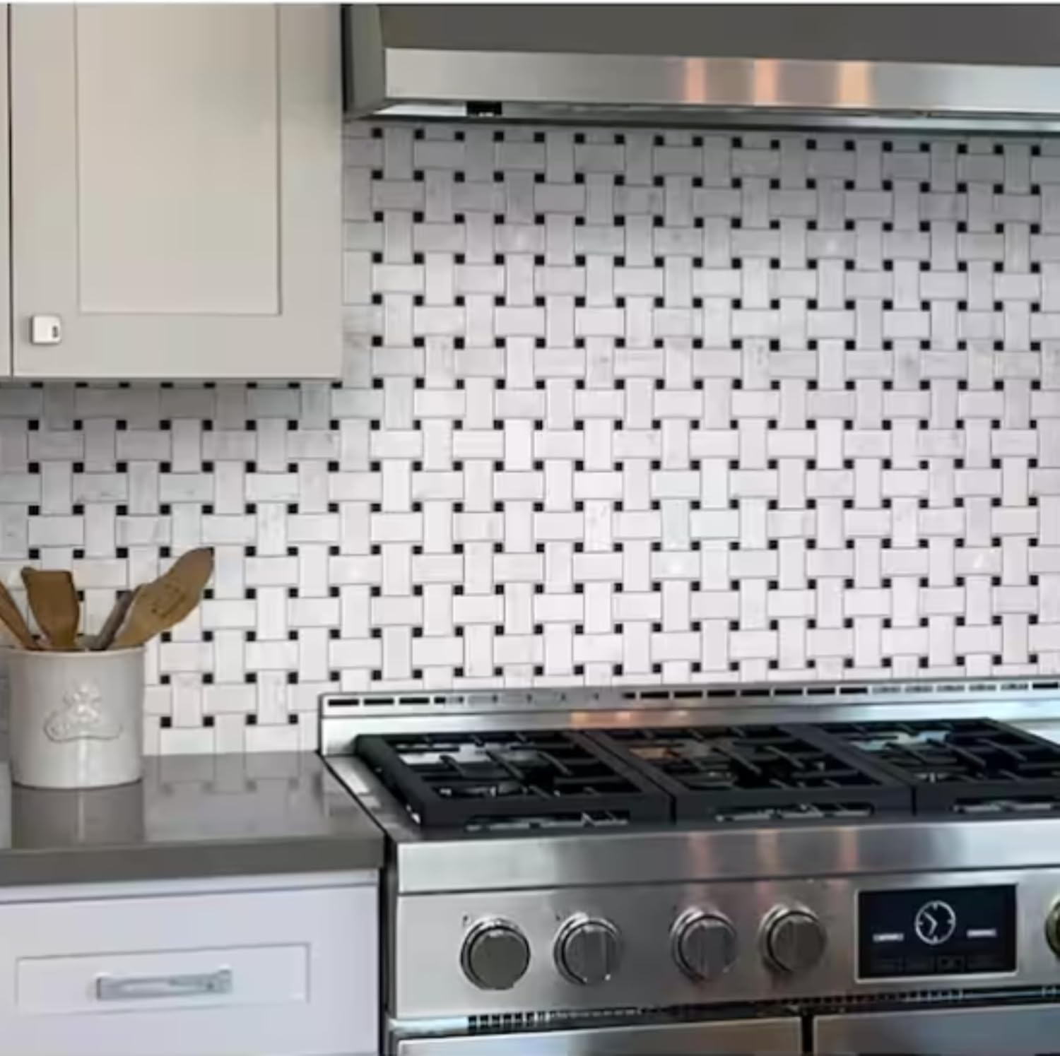 Tenedos HTCRC 12 x 12 Inch Bianco Carrara Basket Weave Black Dot Marble Interlocking Mosaic Tile | Kitchen Backsplash Bathroom Shower Accent Wall (1 Sheet)