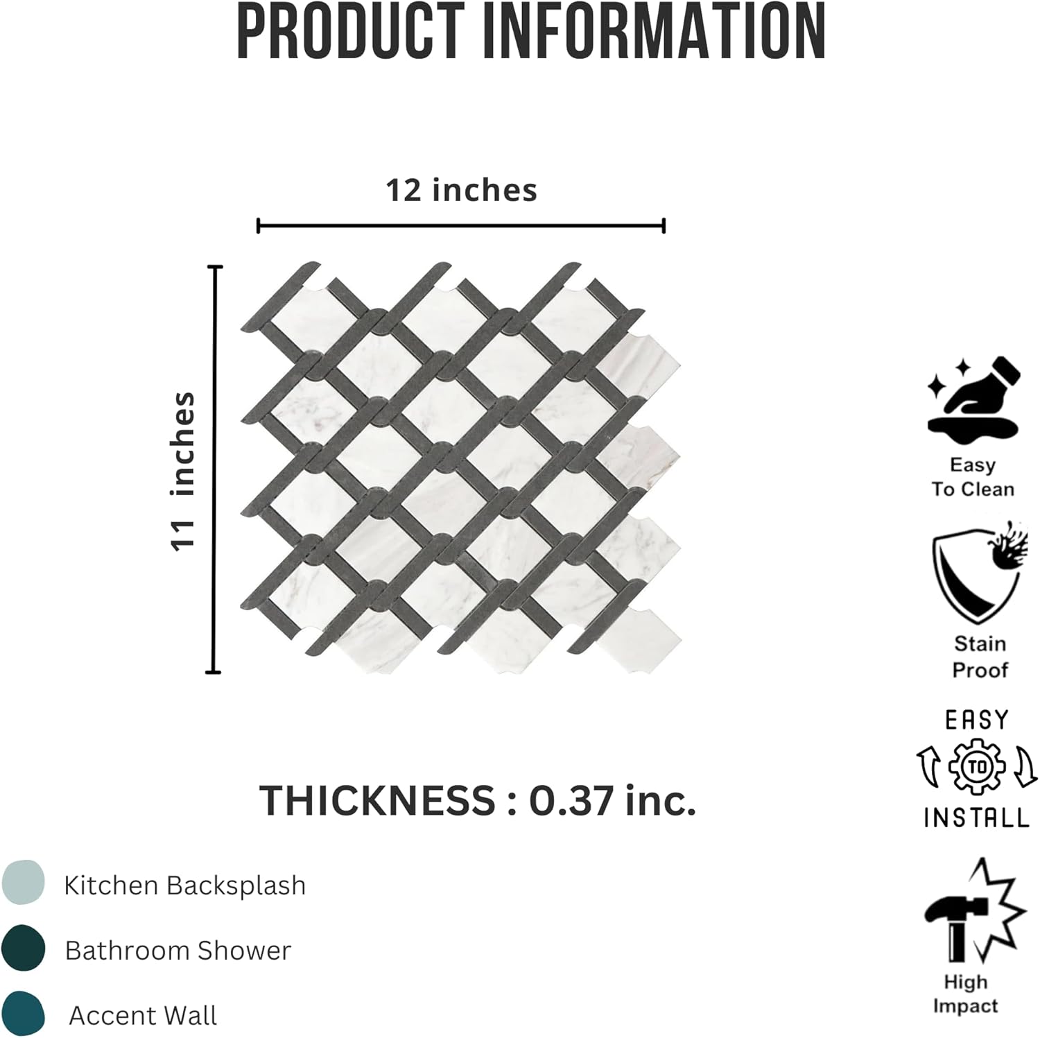 Tenedos HTCRC Bianco Carrara Eastern White Marble Black Interlocking Mosaic Tile | 11 x 12 Inch Mesh-Mounted White Marble | Kitchen Backsplash Bathroom Shower Accent Wall