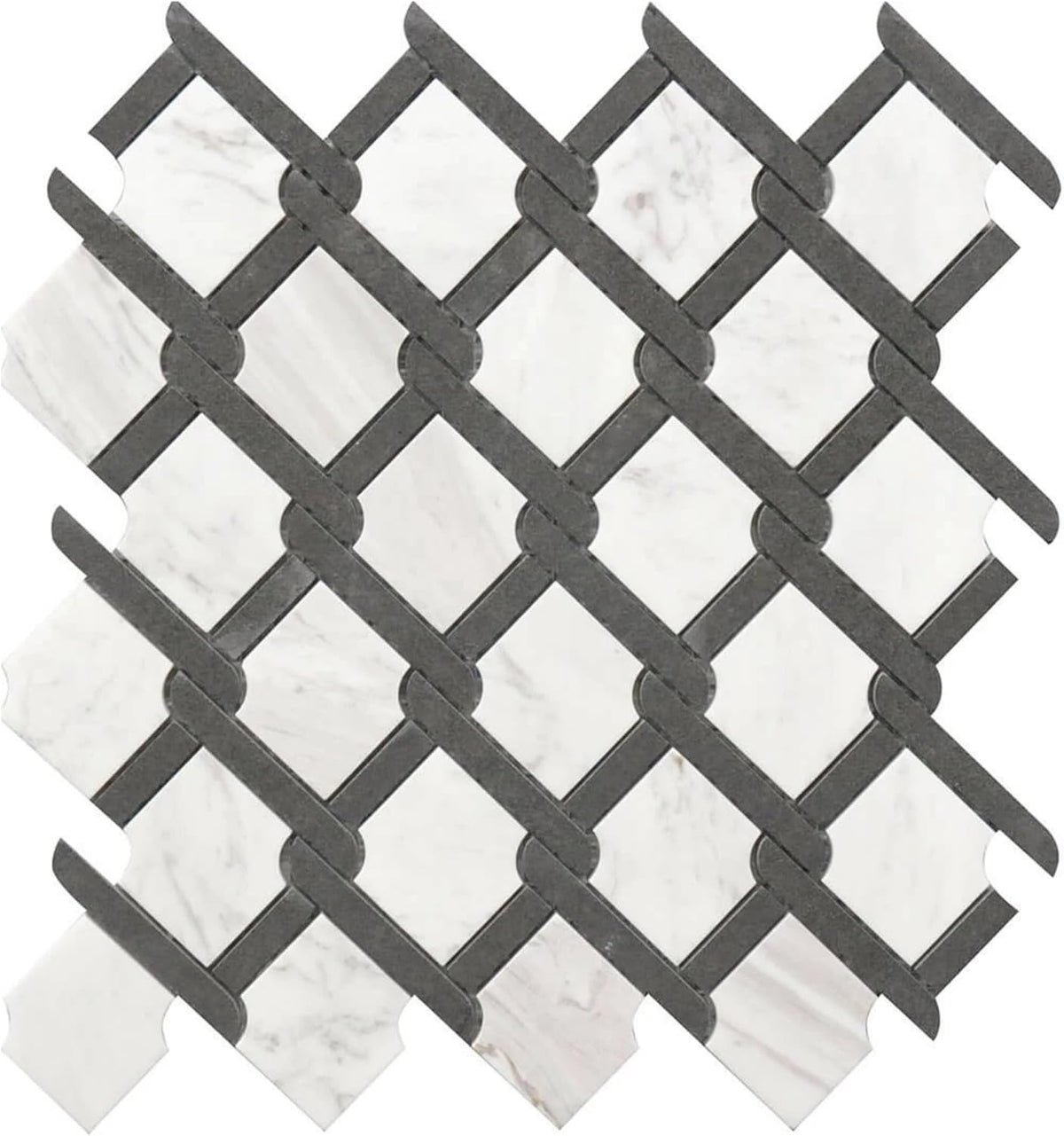 Tenedos HTCRC Bianco Carrara Eastern White Marble Black Interlocking Mosaic Tile | 11 x 12 Inch Mesh-Mounted White Marble | Kitchen Backsplash Bathroom Shower Accent Wall