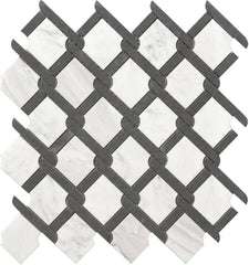 Tenedos HTCRC Bianco Carrara Eastern White Marble Black Interlocking Mosaic Tile | 11 x 12 Inch Mesh-Mounted White Marble | Kitchen Backsplash Bathroom Shower Accent Wall