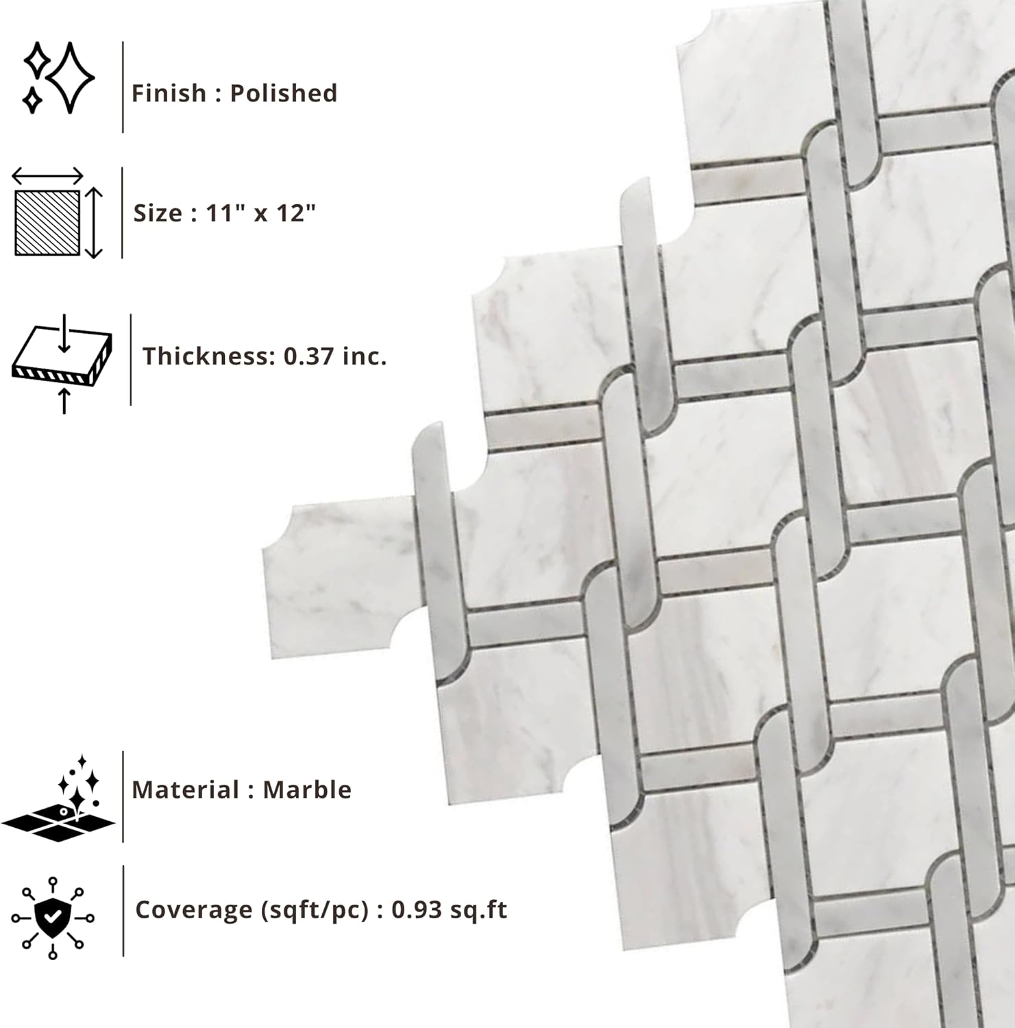 Tenedos HTCRC Bianco Carrara Eastern White Marble Gray Interlocking Mosaic Tile | 11 x 12 Inch Mesh-Mounted White Marble | Kitchen Backsplash Bathroom Shower Accent Wall