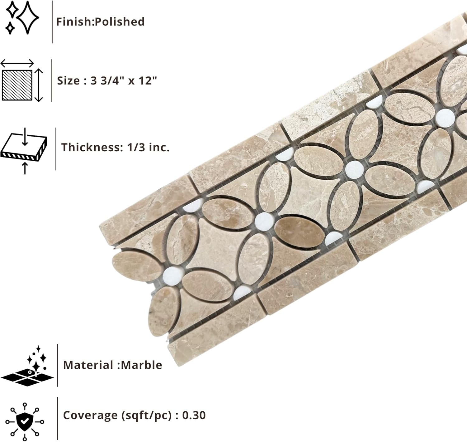 Tenedos 3 3/4x12 Polished Beige Marble Border Tile – Italian Marble Trim for Indoor Floors, Walls, Showers, Bathrooms, Fireplaces – Water-Resistant