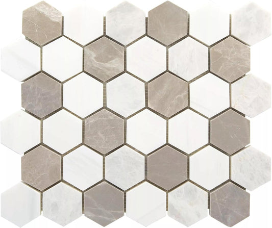 Tenedos FD220 Beige & White Hexagon Marble Mosaic Tile – 2" Honed Natural Stone Sheet, Indoor Wall & Bathroom Floor Tile, Water-Resistant Shower Floor Mosaic (1 Sheet)