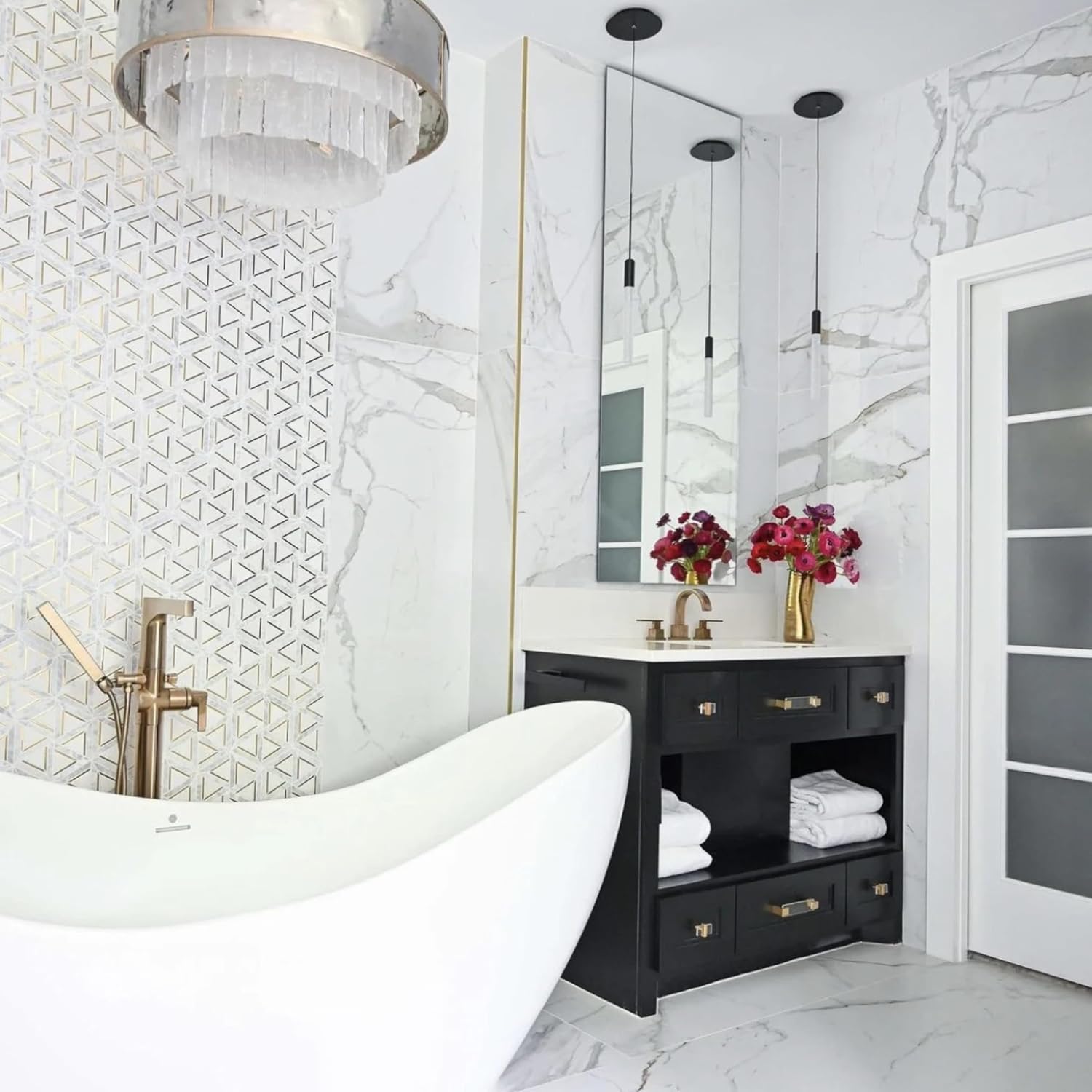 Tenedos HTCRC Carrara White Metal 12x14 Mosaic Tile – Triangle Geometric 3D Hexagon Pattern with Gold Inlay, White Marble Look for Kitchen Backsplash & Bathroom Wall