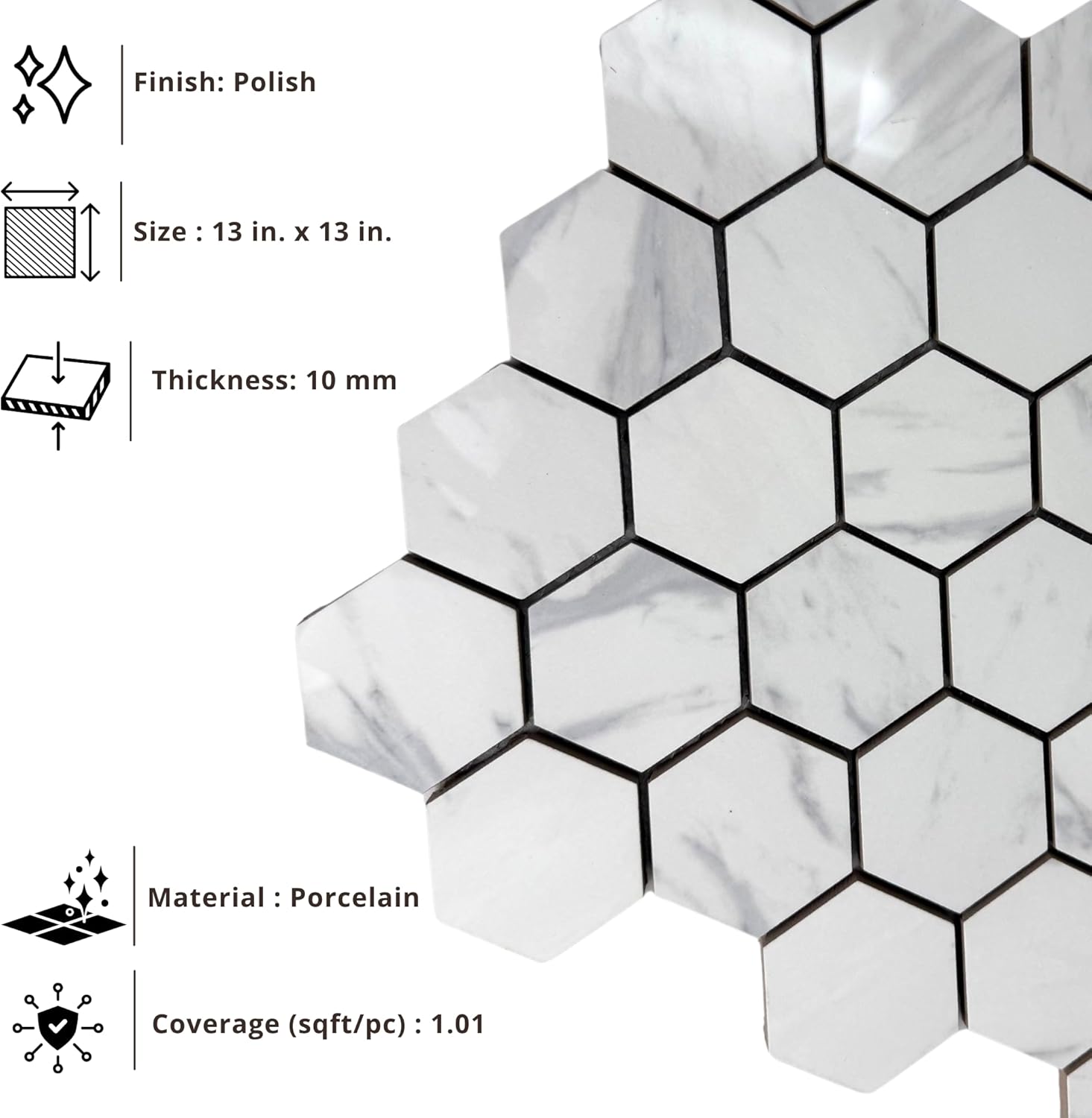 Tenedos White Marble Look Hexagon Porcelain Mosaic Tile – 13x13 Glossy Finish for Wall, Floor, and Bathroom (5 Sheets, 5 Sqft Total Coverage)