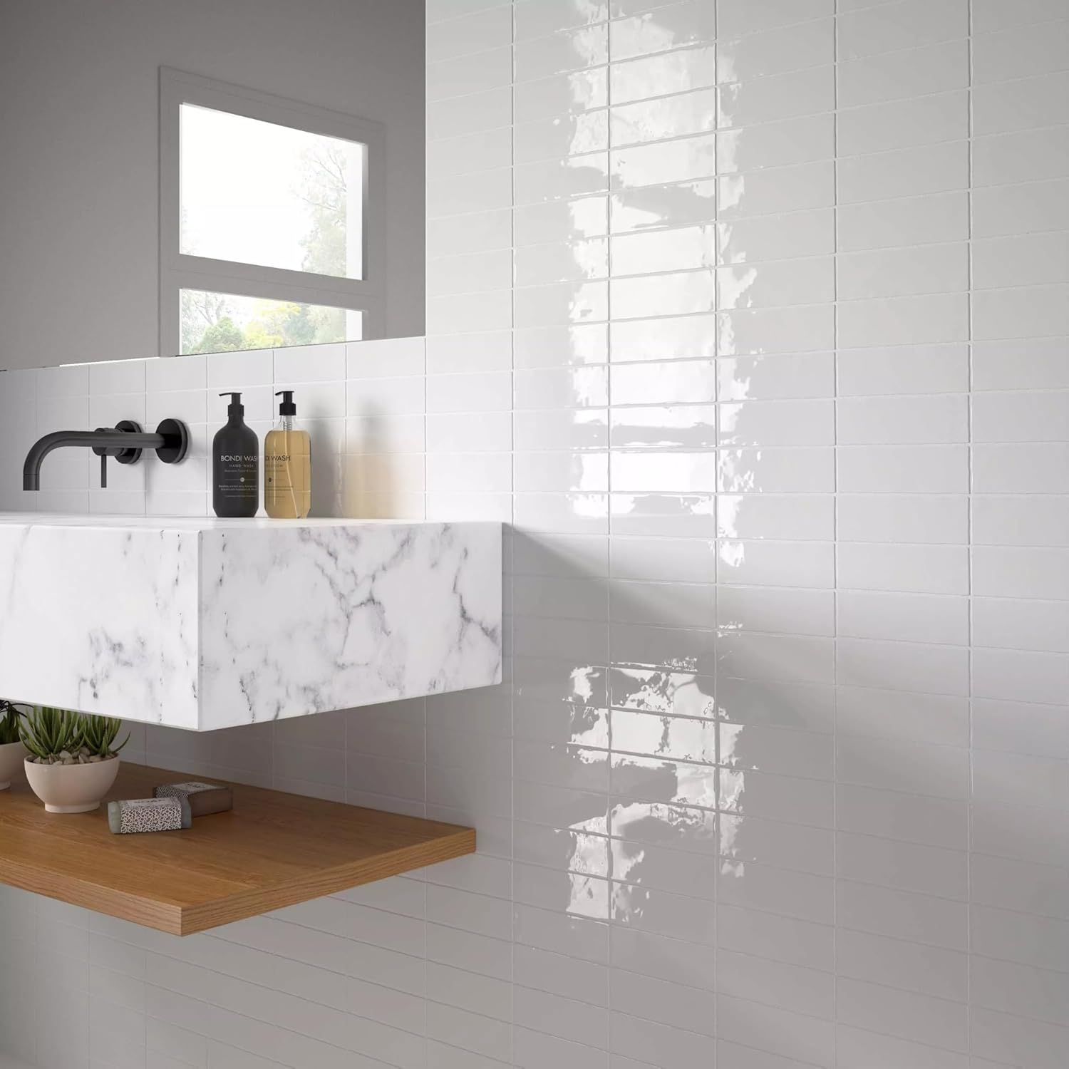 Tenedos HTCFD 2x6 Glossy White Porcelain Wall Tile, High Gloss Finish, Pressed Edge, Bathroom Floor & Shower Wall Suitable, Indoor Outdoor Use – Box of 66 Pieces
