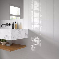 Tenedos HTCFD 2x6 Glossy White Porcelain Wall Tile, High Gloss Finish, Pressed Edge, Bathroom Floor & Shower Wall Suitable, Indoor Outdoor Use – Box of 66 Pieces