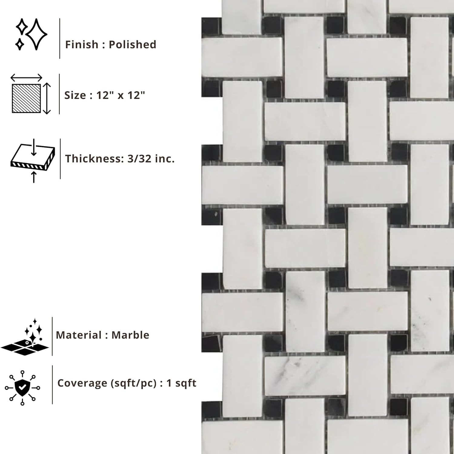 Tenedos HTCRC 12 x 12 Inch Bianco Carrara Basket Weave Black Dot Marble Interlocking Mosaic Tile | Kitchen Backsplash Bathroom Shower Accent Wall (1 Sheet)