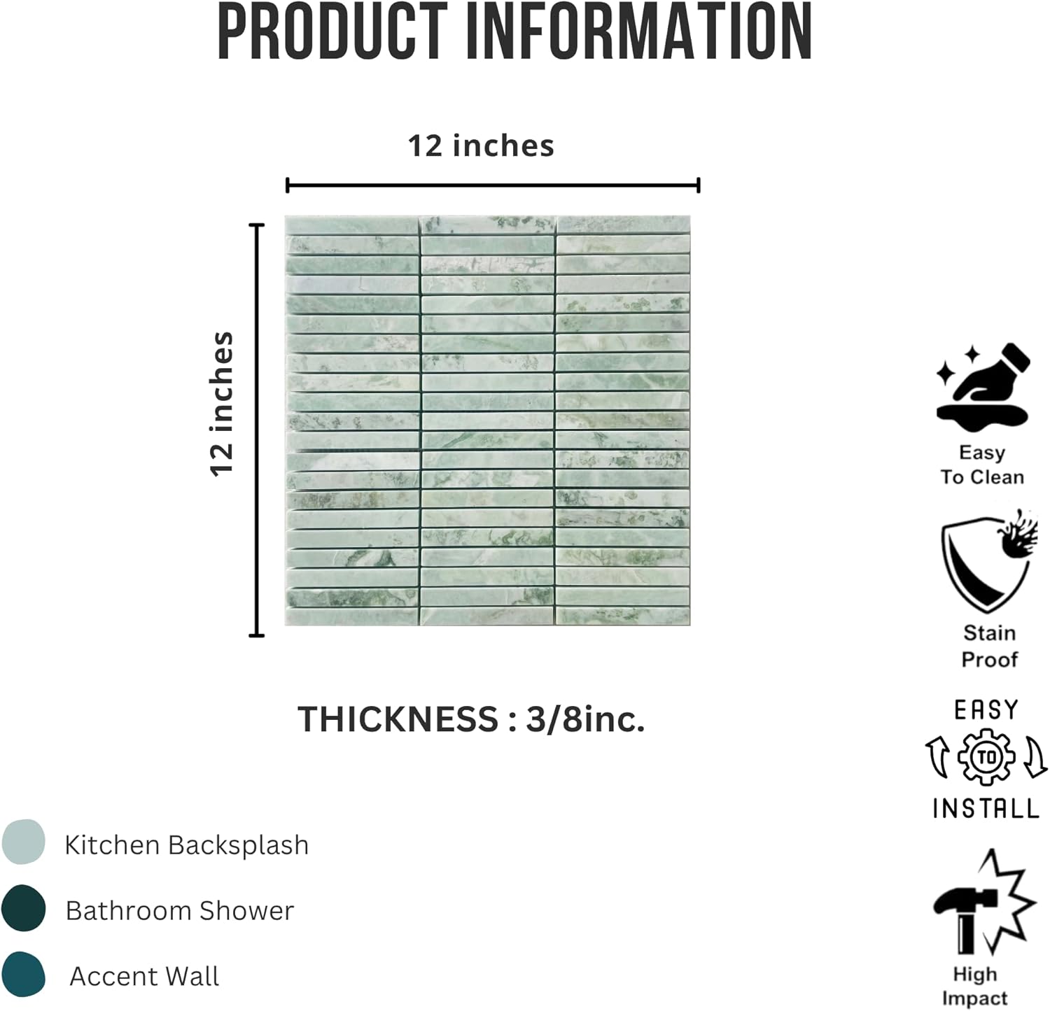Tenedos Green Mist Honed Marble Tile – 2” x 8” Premium Natural Stone for Bathroom Floor, Shower Walls, Kitchen Backsplash, Fireplace Surround & Indoor Wall/Floor (1 Sheet)