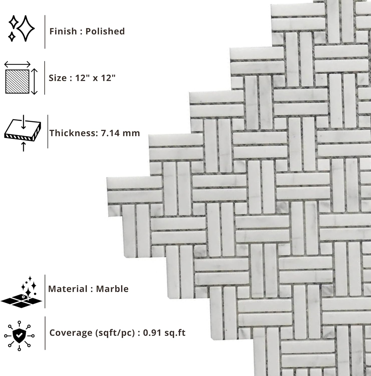 Tenedos HTCRC Bianco Carrara Crossed Basket Weave Marble Interlocking Mosaic Tile | 11 x 12 Inch Mesh-Mounted White Marble | Kitchen Backsplash Bathroom Shower Accent Wall