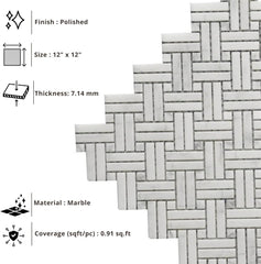 Tenedos HTCRC Bianco Carrara Crossed Basket Weave Marble Interlocking Mosaic Tile | 11 x 12 Inch Mesh-Mounted White Marble | Kitchen Backsplash Bathroom Shower Accent Wall