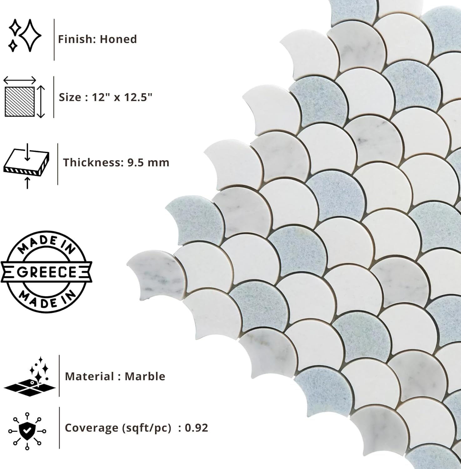 Tenedos Aegean Mist Fan Honed Marble Mosaic Tile 12x12 in Multitone White and Blue for Kitchen Backsplash Bathroom Wall Shower Floor Fireplace Accent Natural Stone (1 Sheet)