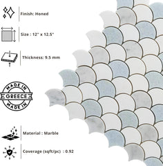 Tenedos Aegean Mist Fan Honed Marble Mosaic Tile 12x12 in Multitone White and Blue for Kitchen Backsplash Bathroom Wall Shower Floor Fireplace Accent Natural Stone (1 Sheet)