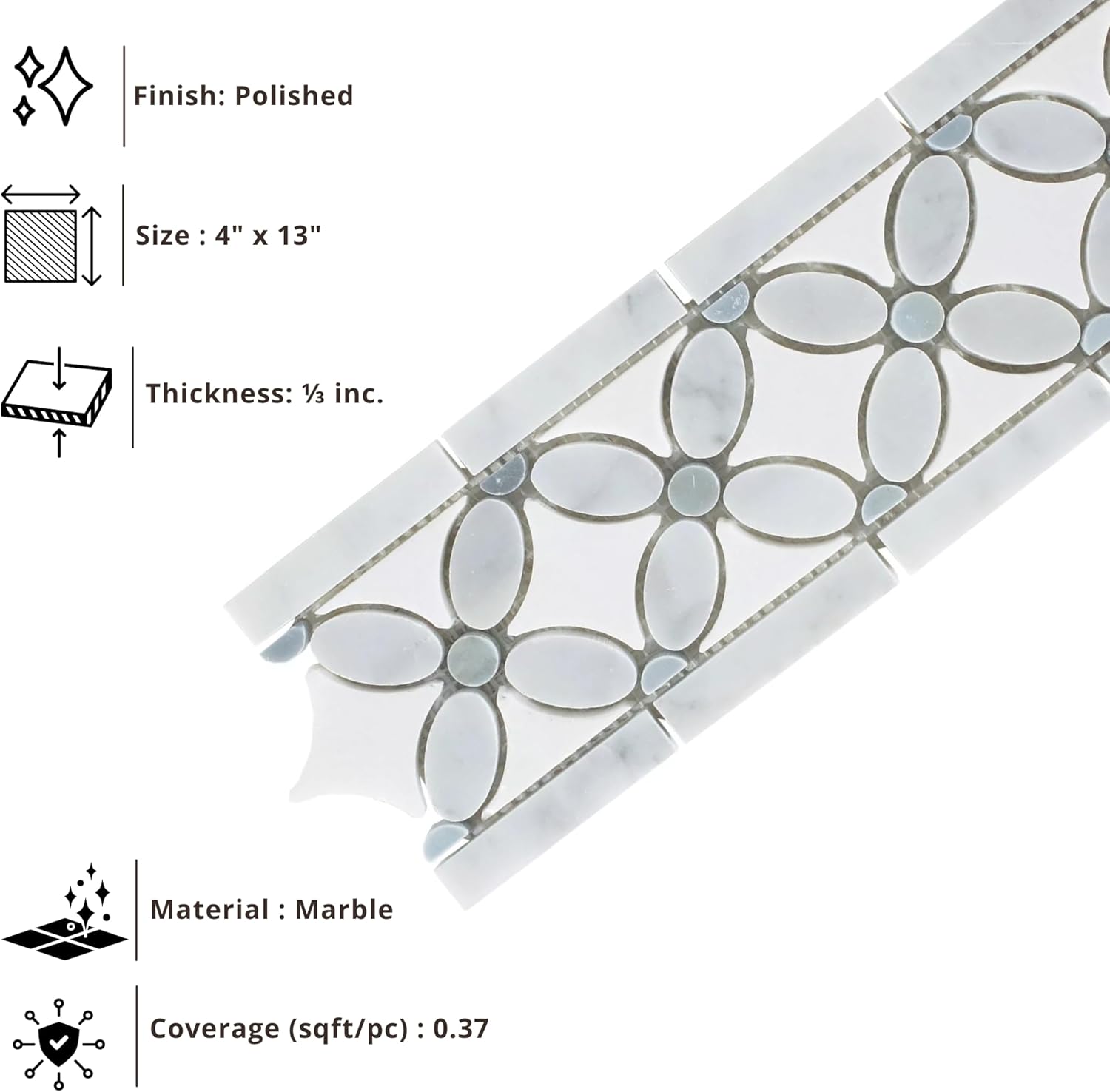 Tenedos 4x13 Polished Carrara White Marble Border Tile – Italian Marble Trim for Indoor Floors, Walls, Showers, Bathrooms, Fireplaces – Water-Resistant