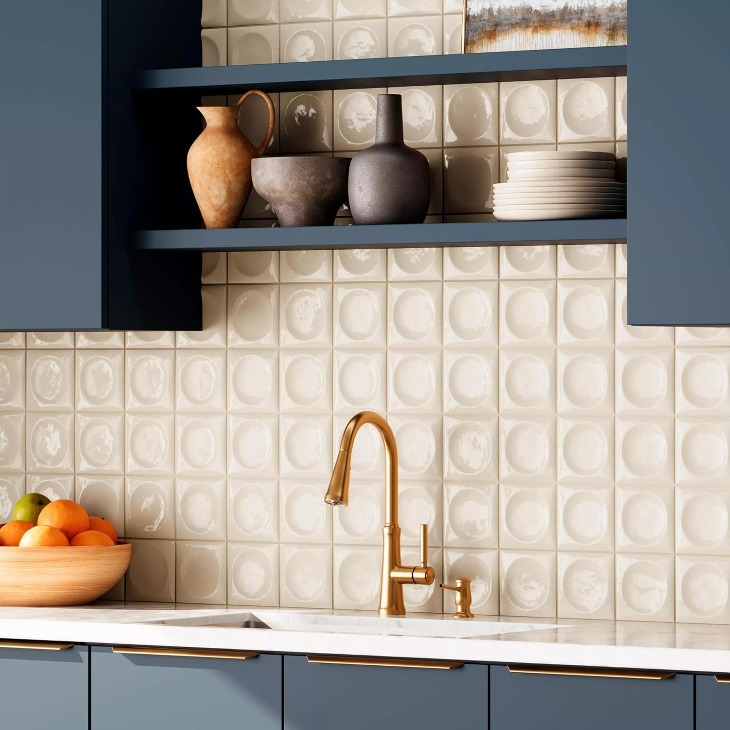 Tenedos HTCFD 5x5 Beige Dimensional Square Ceramic Tile – 10 Piece Set, Textured Sculpted Center Design for Bathroom Walls, Kitchen Backsplash