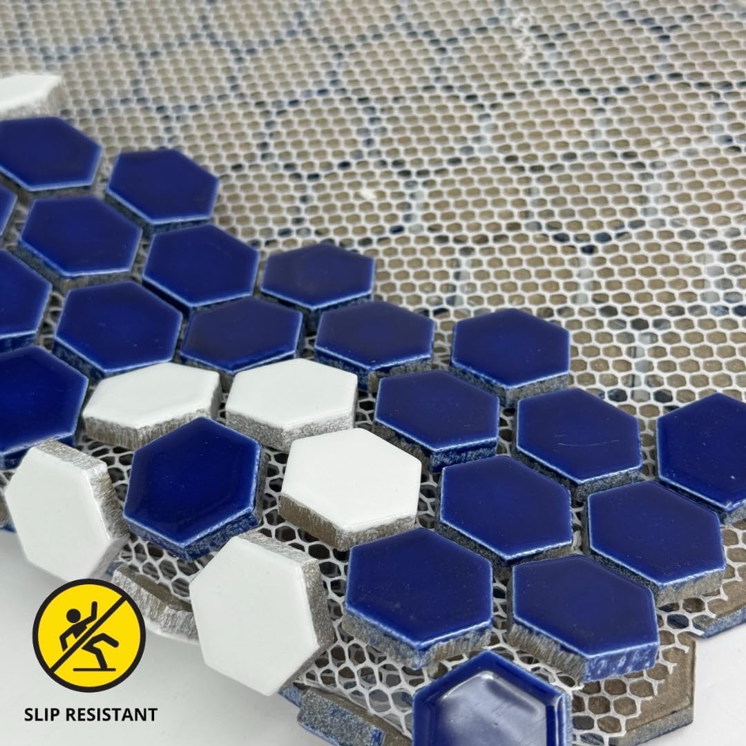 Tenedos Hexagon Glossy Cobalt Blue Flower Porcelain Mosaic Tile – Kitchen Backsplash, Bathroom Wall & Shower Floor Tile