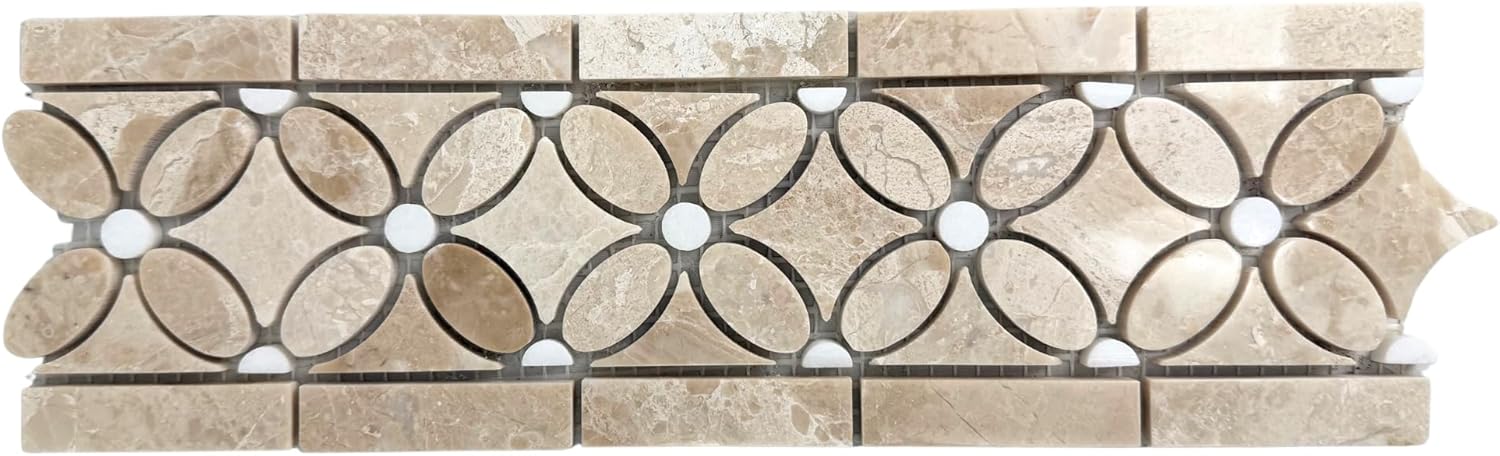 Tenedos 3 3/4x12 Polished Beige Marble Border Tile – Italian Marble Trim for Indoor Floors, Walls, Showers, Bathrooms, Fireplaces – Water-Resistant