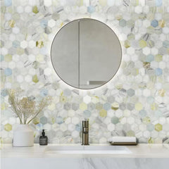 Aurora Mist 2" Hexagon Polished Marble Mosaic Tile – Natural Stone Floor and Wall Tile for Bathroom, Kitchen Backsplash, and Shower Accent