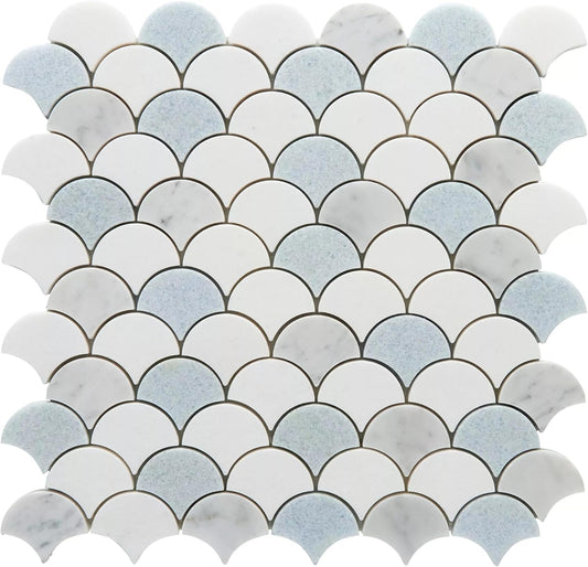 Tenedos Aegean Mist Fan Honed Marble Mosaic Tile 12x12 in Multitone White and Blue for Kitchen Backsplash Bathroom Wall Shower Floor Fireplace Accent Natural Stone (1 Sheet)