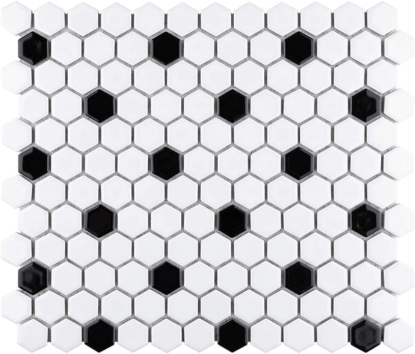 Hexagon White with Black Dots Porcelain Mosaic Floor and Wall Tile Matte Look for Kitchen Backsplash, Bathroom Wall, Accent Wall