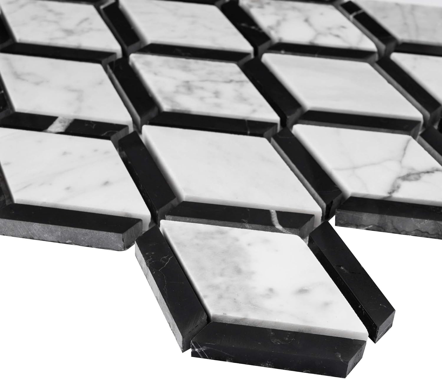 Premium Marble Mosaic in Dual Tone - Elegant Diamond Pattern Natural Stone Tile for Wet Areas, Shower Surrounds, Accent Walls, Floors, Backsplash Use