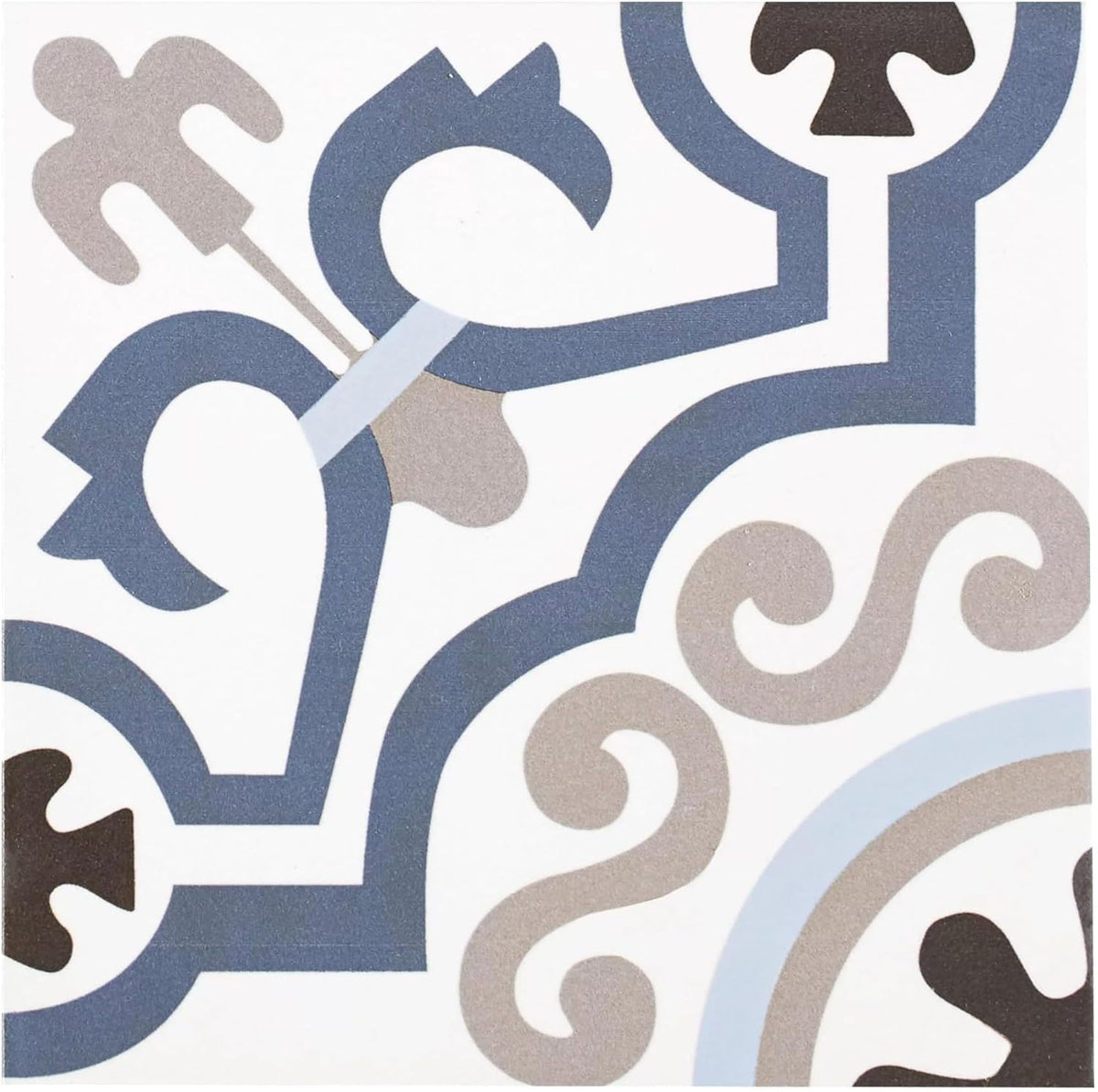 Tenedos Azure Crest 8" x 8" Matte Porcelain Tile for Floor and Wall, Blue Gray Mediterranean Pattern, Spanish Encaustic Look, Indoor Outdoor Use