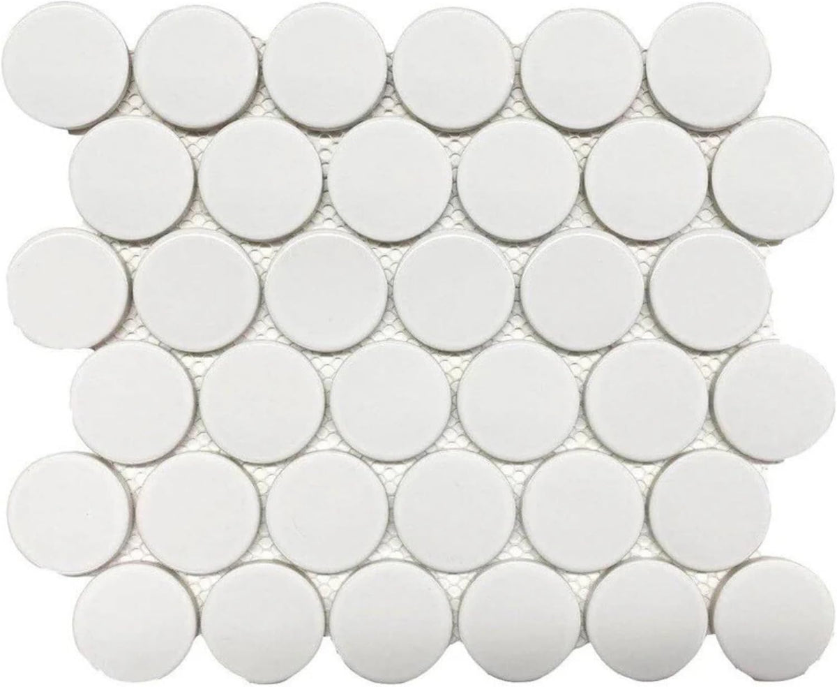 Tenedos HTCRC White 2" Glossy Grande Penny Round Porcelain Mosaic Tile for Bathroom, Shower, Kitchen Backsplash, Wall, Floor, Café, Restaurant, Commercial Space