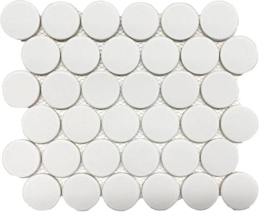 Tenedos HTCRC White 2" Glossy Grande Penny Round Porcelain Mosaic Tile for Bathroom, Shower, Kitchen Backsplash, Wall, Floor, Café, Restaurant, Commercial Space
