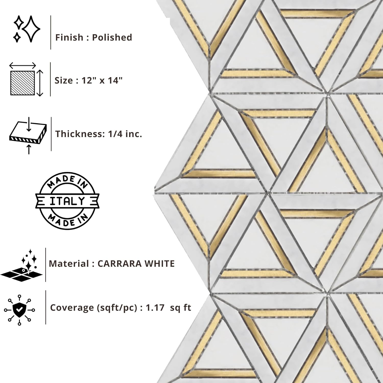 Tenedos HTCRC Carrara White Metal 12x14 Mosaic Tile – Triangle Geometric 3D Hexagon Pattern with Gold Inlay, White Marble Look for Kitchen Backsplash & Bathroom Wall