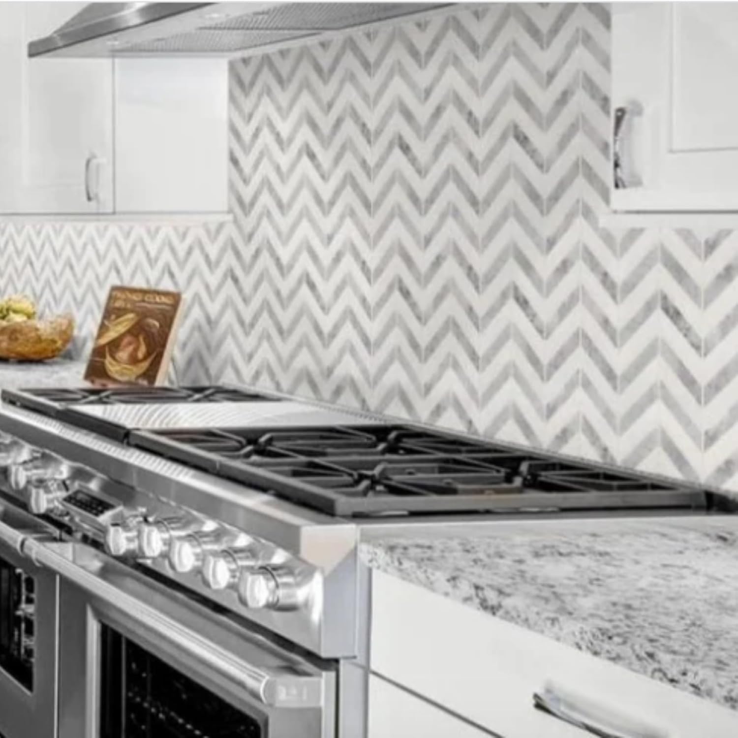 Tenedos HTCRC White and Grey Marble Chevron Mosaic Tile – 11x12 Inch Mesh-Mounted Sheet – Natural Marble Geometric Mosaic for Kitchen Backsplash Bathroom Wall Accent