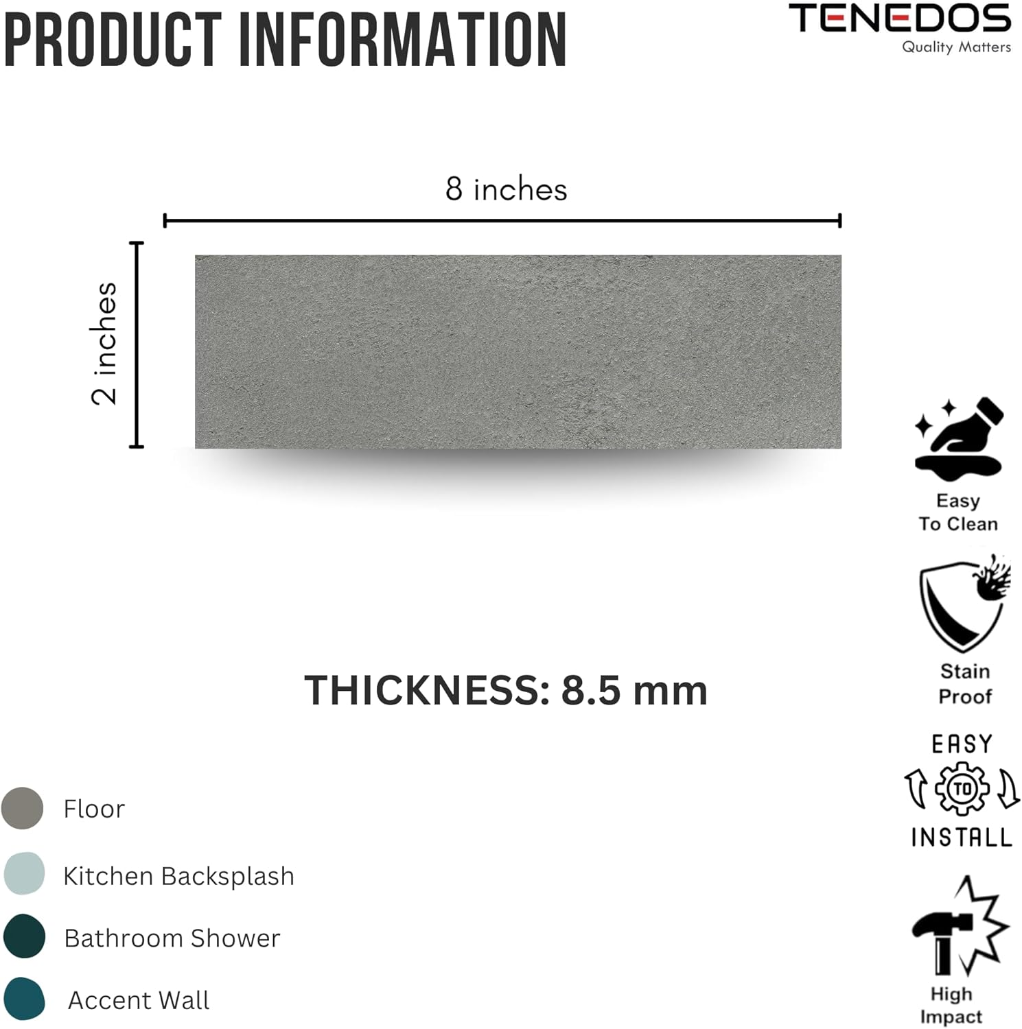 Tenedos Matte Antracite Porcelain Subway Tile – 2"x8" Wall and Floor, Backsplash for Kitchen, Bathroom, Shower, Fireplace Accent - Great for Restaurant Hotel Cafe Spa
