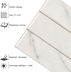 Tenedos HTCRC  3x12 Glossy Porcelain Subway Tile – Stone Look Wall Tile for Kitchen Backsplash, Bathroom & Shower Walls