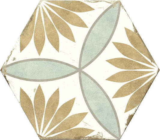 Tenedos Sahara Bloom Hexagon Porcelain Tile – Beige and Blue Vintage Floral Pattern, Matte Finish Wall and Floor Tile for Bathroom, Kitchen, and Entryway