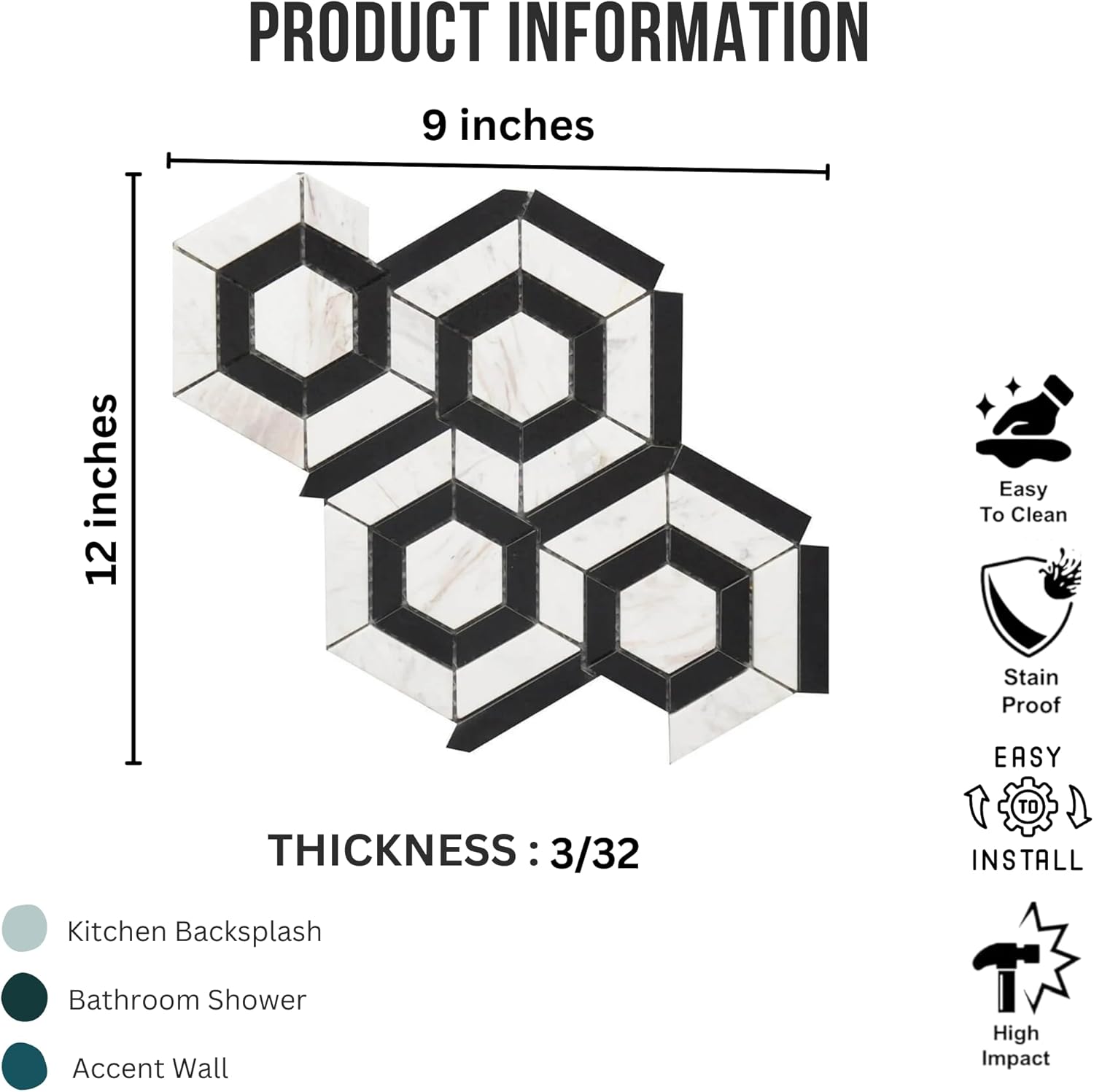 Tenedos HTCRC 9x12 Marble Hexagon Mosaic Tile – White & Black Natural Marble Geometric Floor and Wall Tile