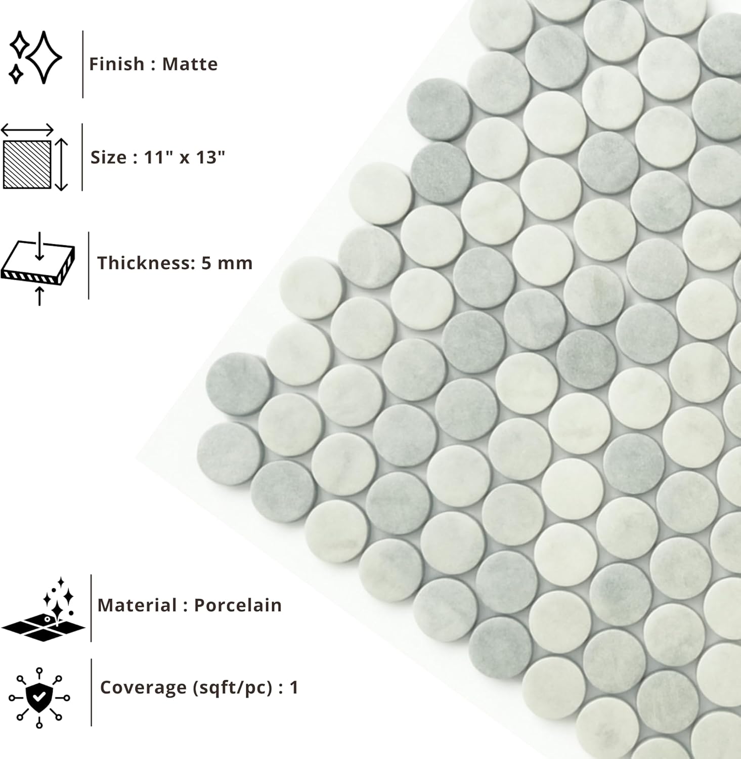 Tenedos HTCFD Mint Grey Satin Porcelain Penny Round Mosaic Tile Sheet – Premium Penny Tile for Bathroom Walls, Shower Floors, Kitchen Backsplash and Indoor Use (1 Sheet)