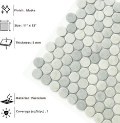 Tenedos HTCFD Mint Grey Satin Porcelain Penny Round Mosaic Tile Sheet – Premium Penny Tile for Bathroom Walls, Shower Floors, Kitchen Backsplash and Indoor Use (1 Sheet)