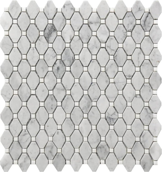 Tenedos HTCRC Carrara White Marble Small Rhombus Mosaic Tile – 12x12 Inch Mesh-Mounted Sheet – Natural Marble Geometric Mosaic for Backsplash Bathroom Kitchen Wall
